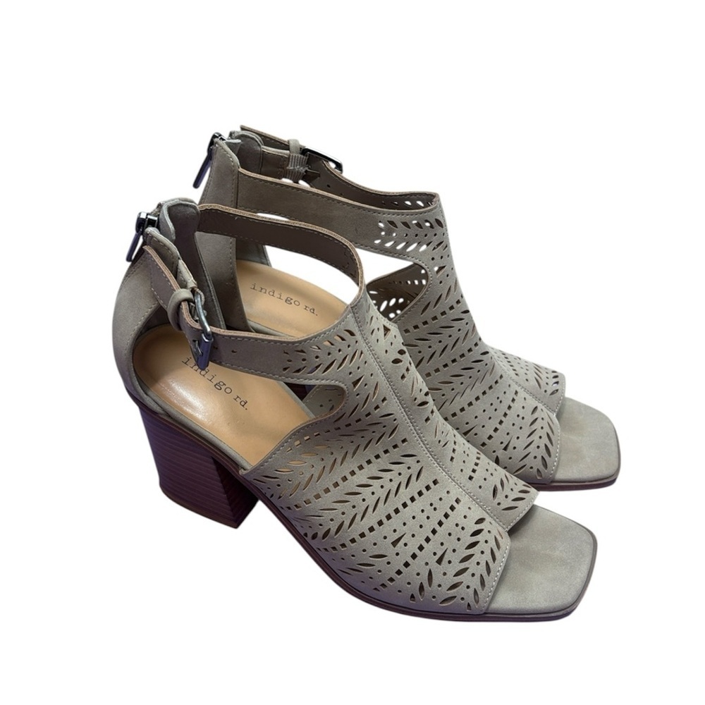 Indigo Grey Laser-Cut Ankle Strap Block Heels